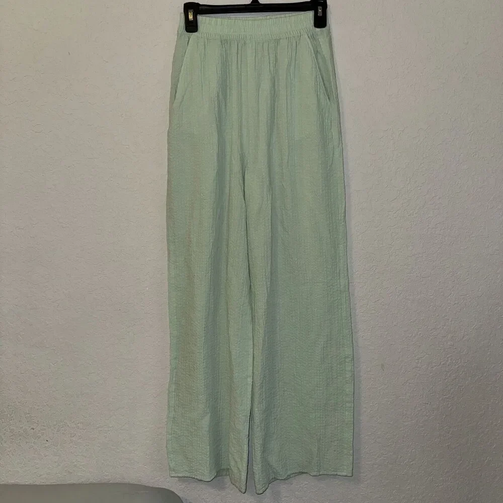H&M Pants Women's Small‎ Olive Elastic Linen Pant Flat Front Wide Leg Pull-On